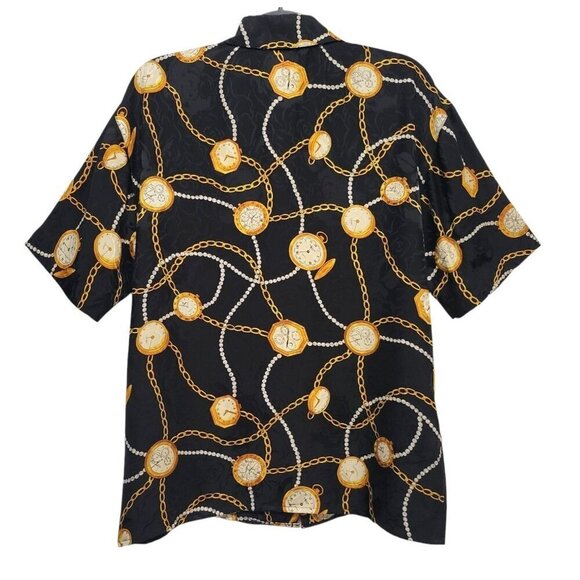 Vintage MAGGY LONDON Silk Blouse Gold Chain Pocket Watch Print - Picture 7 of 11